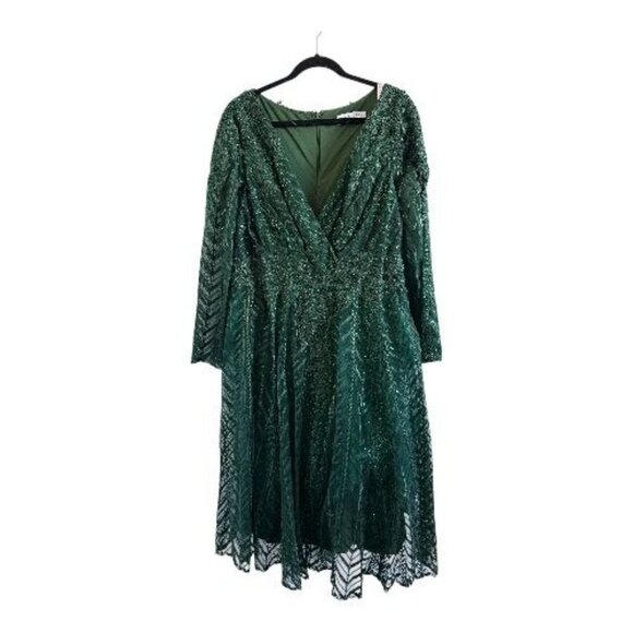 NWT MAC DUGGAL 20399 Long Sleeve Midi Party Dress Wrap Over Size14 Green Emerald - Picture 5 of 13